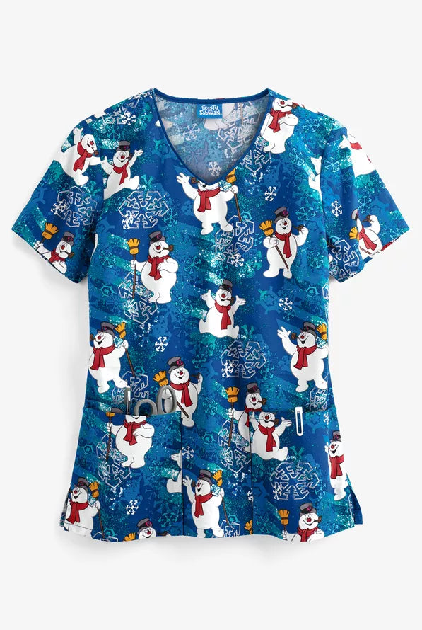 Cherokee Tooniforms Frosty the Snow Man Snowflake Frosty Women's 3-Pocket V-Neck Print Scrub Top