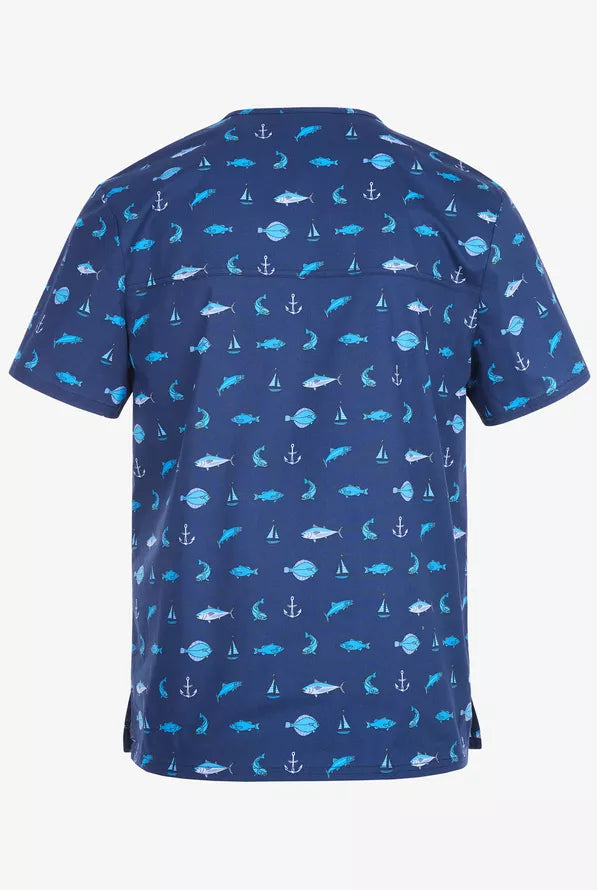 Cherokee Genuine Men's V-Neck Print Scrub Top – Gone Fishin' - DISCONTINUED ITEM - ALL SALES FINAL