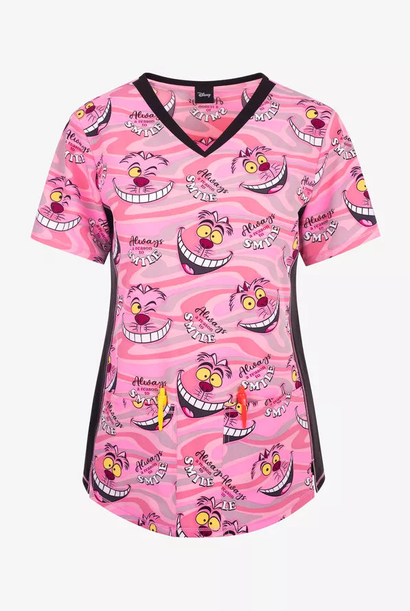 Tooniforms Disney's Cheshire Smile Women's 2-Pocket STRETCH V-Neck Print Scrub Top