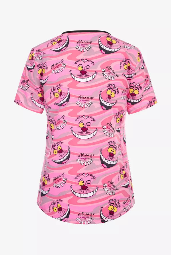 Tooniforms Disney's Cheshire Smile Women's 2-Pocket STRETCH V-Neck Print Scrub Top