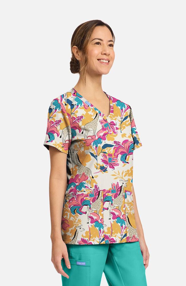 Cherokee Women's Print V-Neck Scrub Top – Floral Safari