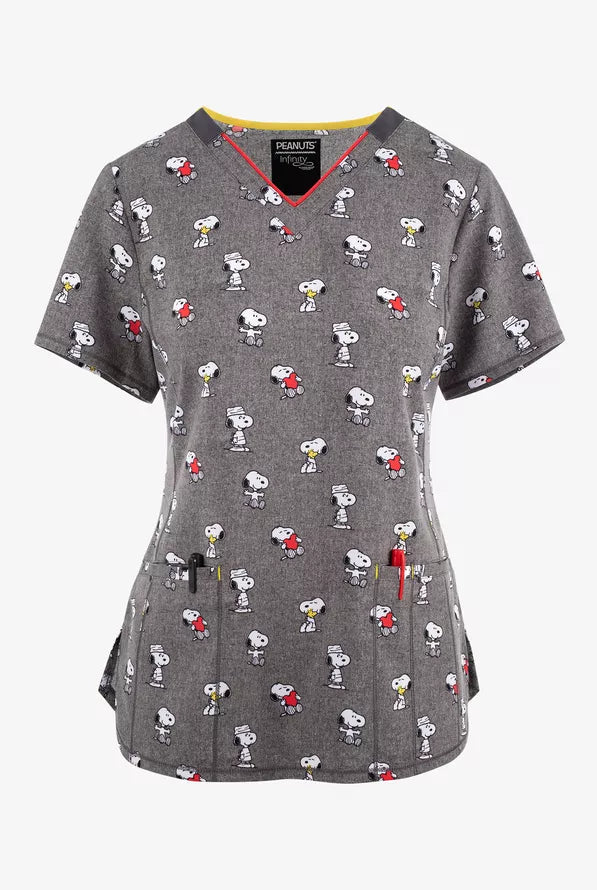 Infinity Snoopy Love Women's Christmas 2-pocket STRETCH V-Neck Print Scrub Top