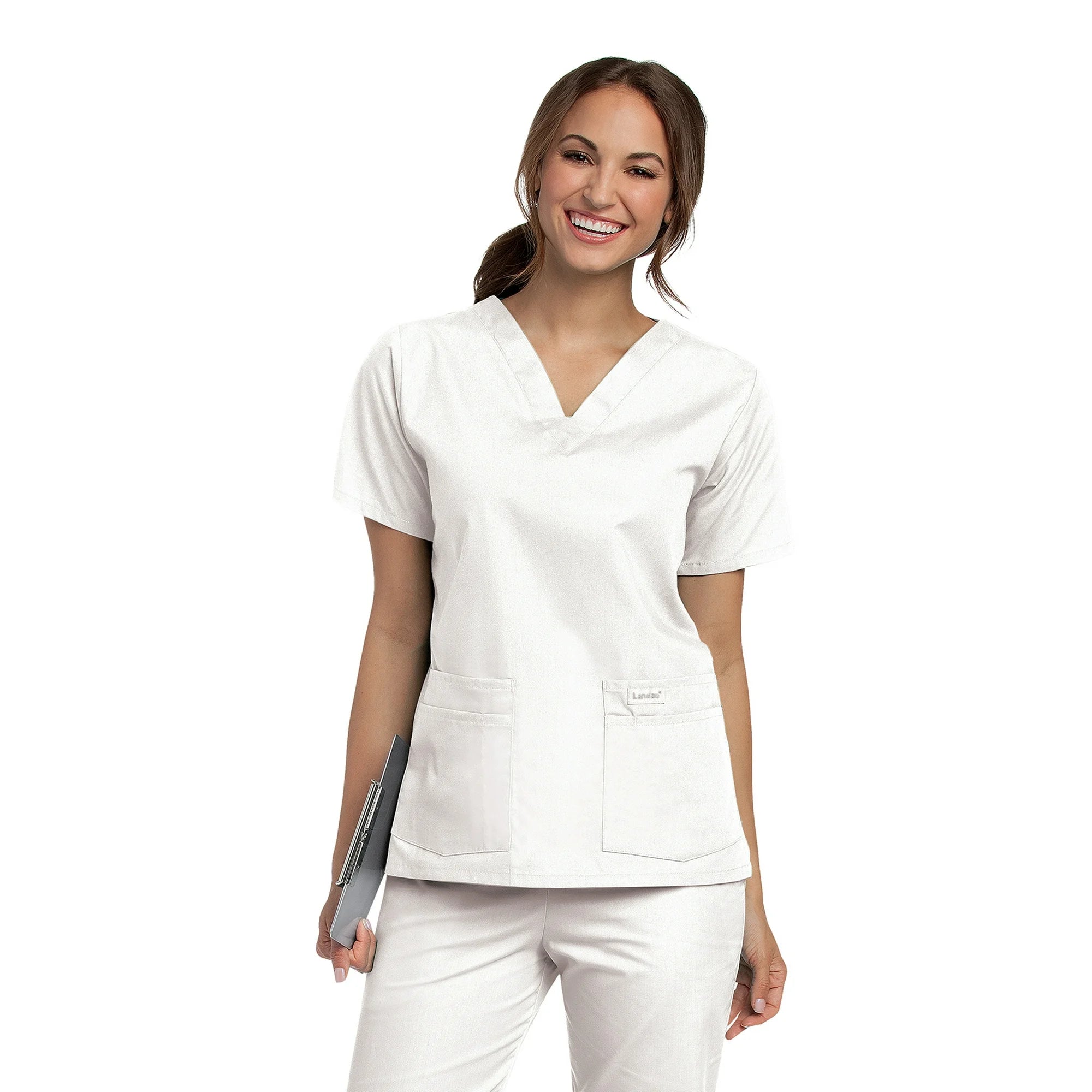 Landau Essentials Women's 4-Pocket V-Neck Scrub Top
