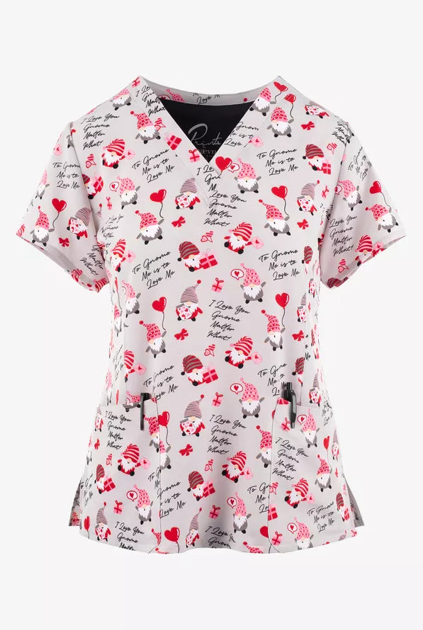 Maevn Gnome Matter What Hearts Christmas Women's 3-Pocket STRETCH What V-Neck Print Scrub Top