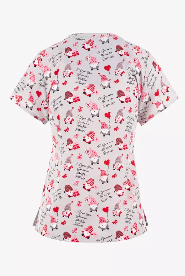 Maevn Gnome Matter What Hearts Christmas Women's 3-Pocket STRETCH What V-Neck Print Scrub Top