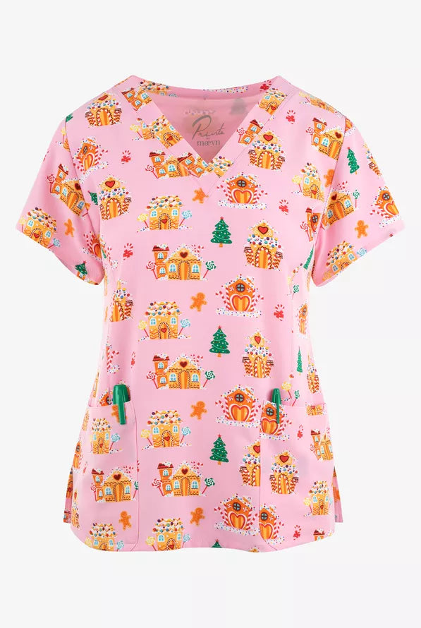 Maevn Gingerbread Village Christmas Women's 3-Pocket STRETCH V-Neck Print Scrub Top