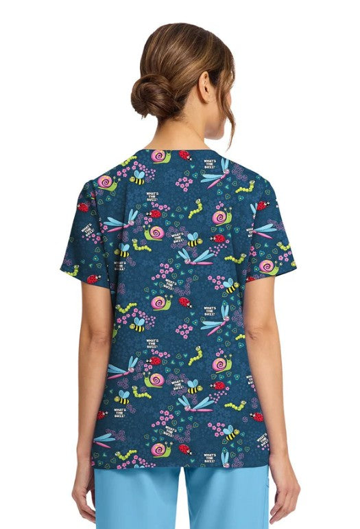 What's The Buzz Cherokee Print V Neck Scrub Top