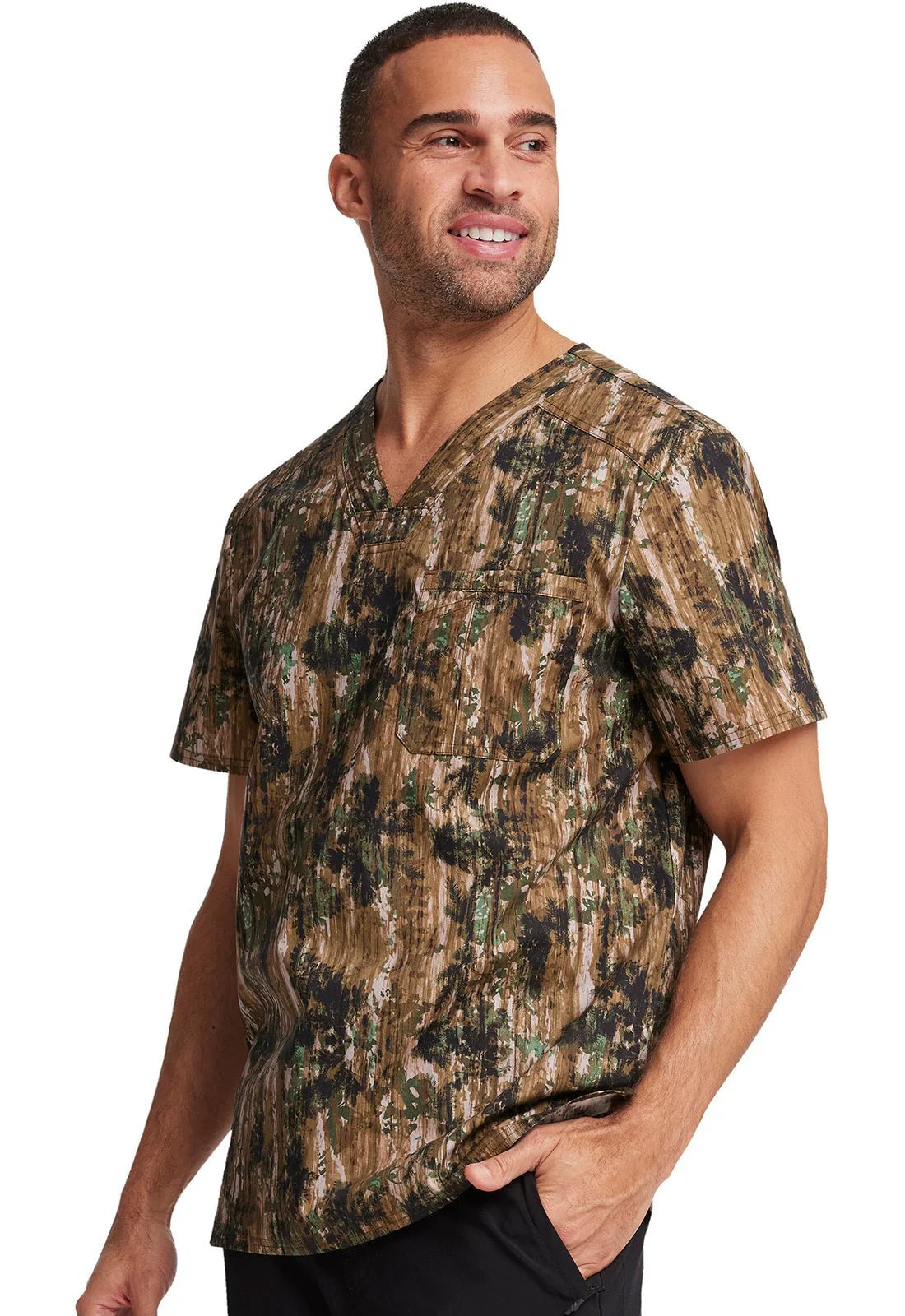 Outdoor Print Cherokee Scrubs Men's V Neck Top
