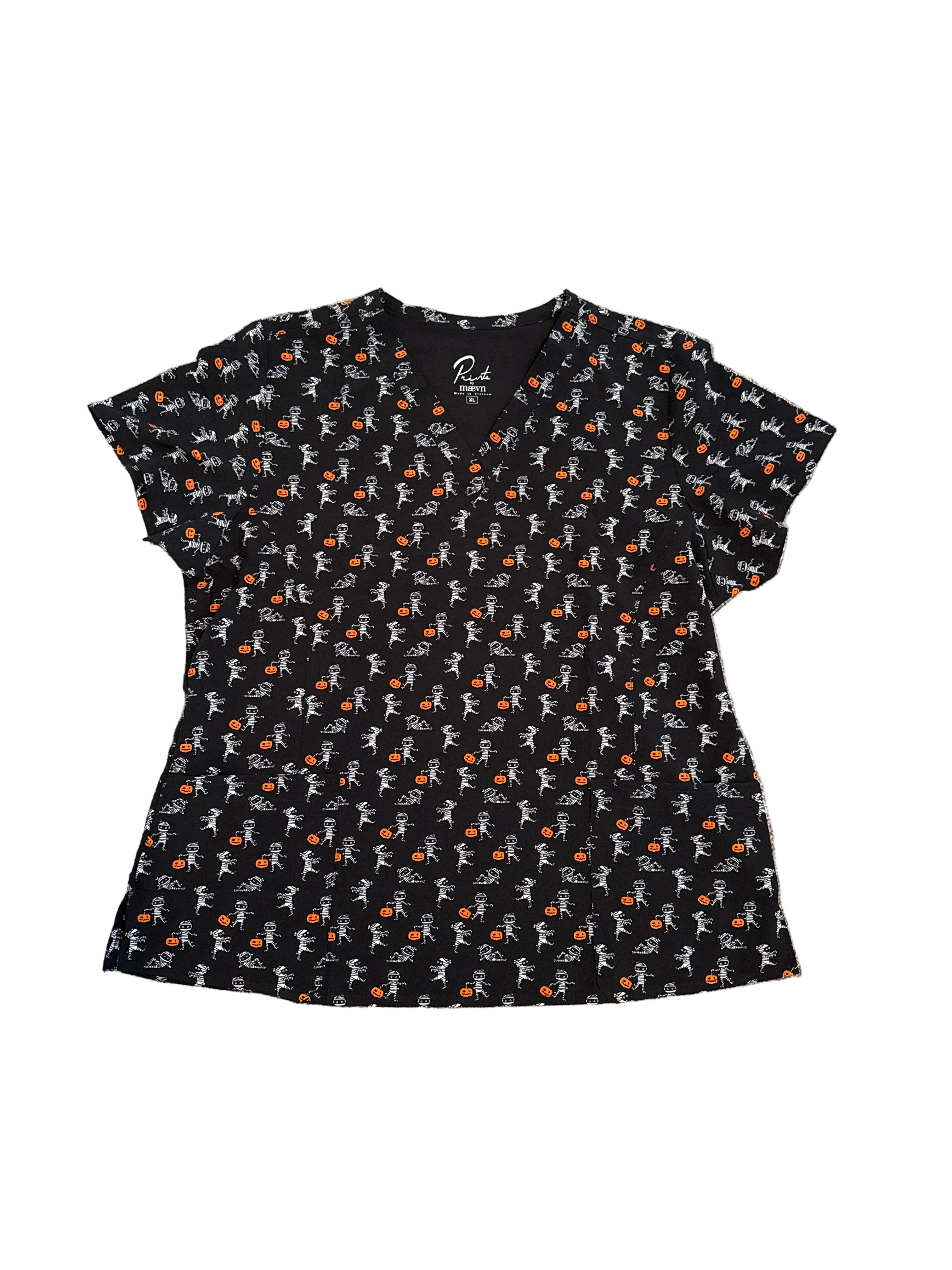 Maevn Women's Halloween Stretch V-Neck Print Scrub Top