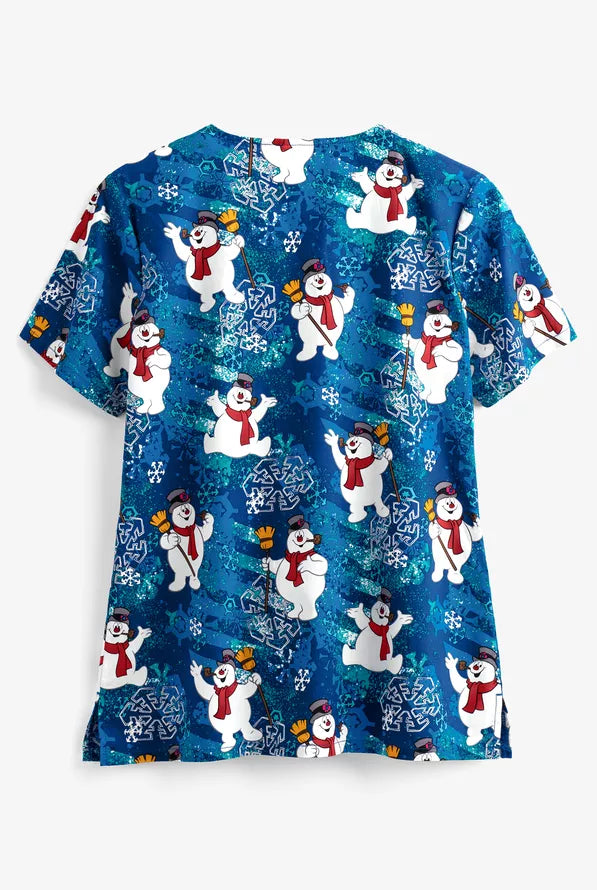 Cherokee Tooniforms Frosty the Snow Man Snowflake Frosty Women's 3-Pocket V-Neck Print Scrub Top