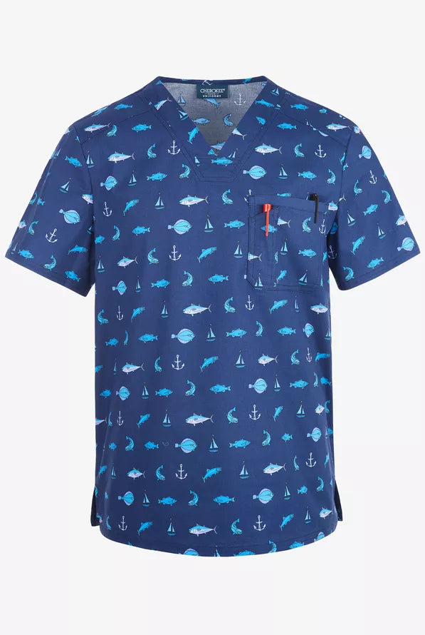 Cherokee Genuine Men's V-Neck Print Scrub Top – Gone Fishin' - DISCONTINUED ITEM - ALL SALES FINAL