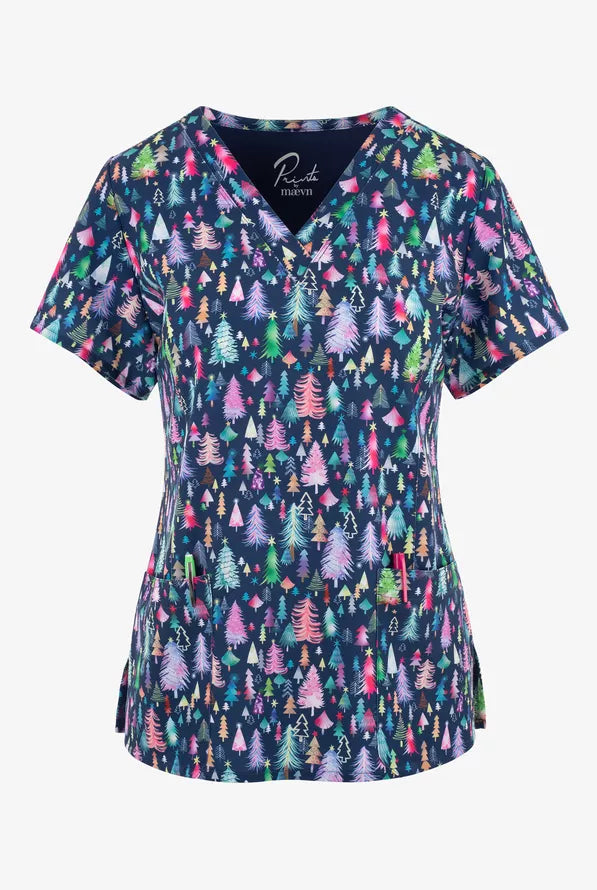 Maevn Tree Fest Christmas Women's 3-Pocket STRETCH V-Neck Print Scrub Top