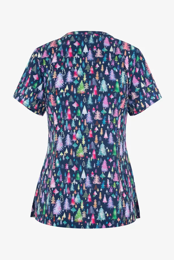 Maevn Tree Fest Christmas Women's 3-Pocket STRETCH V-Neck Print Scrub Top