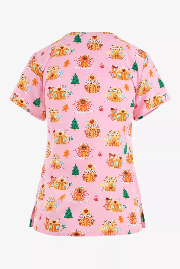 Maevn Gingerbread Village Christmas Women's 3-Pocket STRETCH V-Neck Print Scrub Top