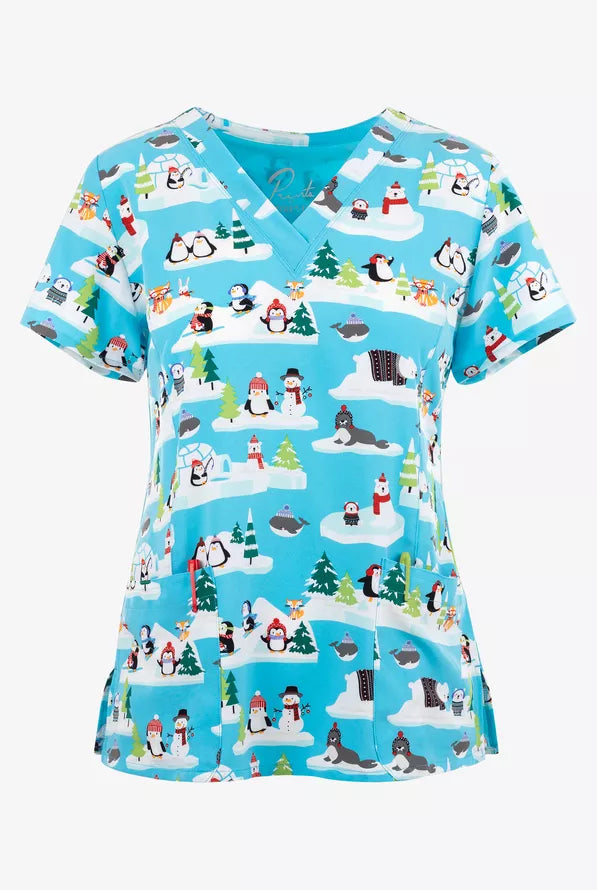 Maevn Polar Pals Winter Christmas Women's 3-Pocket STRETCH V-Neck Print Scrub Top