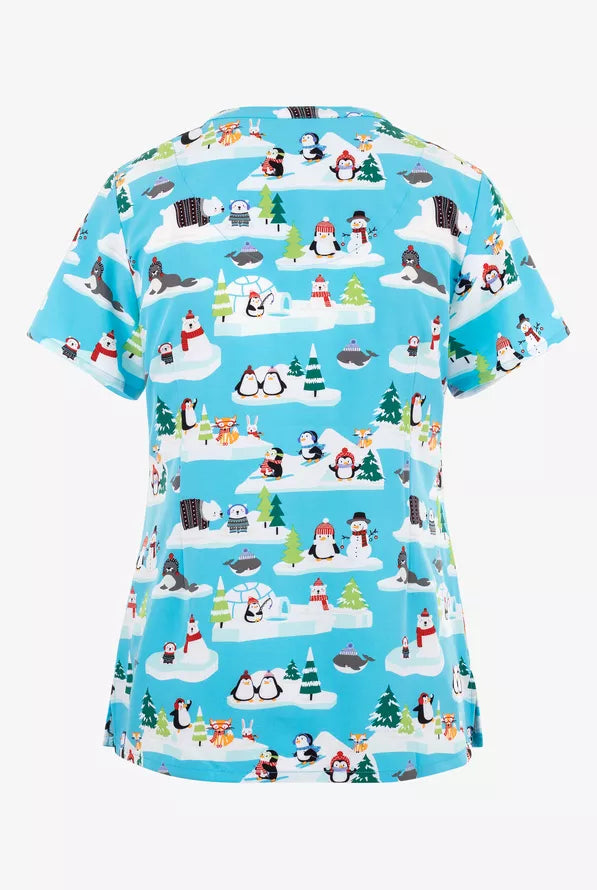 Maevn Polar Pals Winter Christmas Women's 3-Pocket STRETCH V-Neck Print Scrub Top