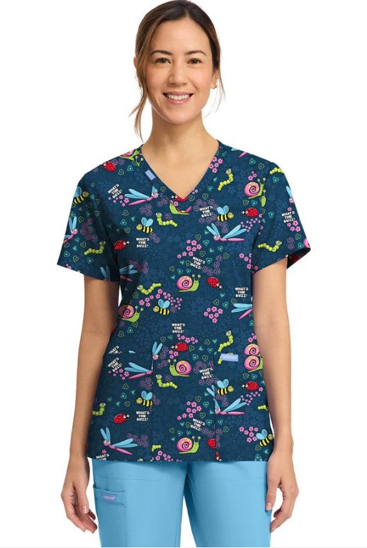 What's The Buzz Cherokee Print V Neck Scrub Top