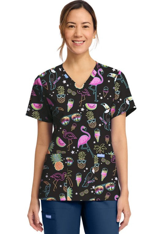 Downtown Tropical Cherokee Print V Neck Scrub Top
