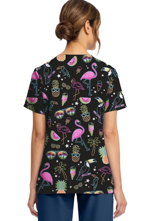 Downtown Tropical Cherokee Print V Neck Scrub Top