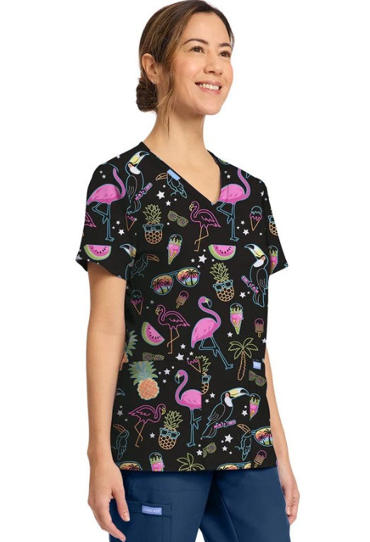 Downtown Tropical Cherokee Print V Neck Scrub Top