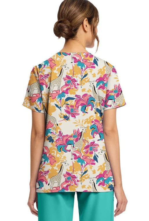 Cherokee Women's Print V-Neck Scrub Top – Floral Safari