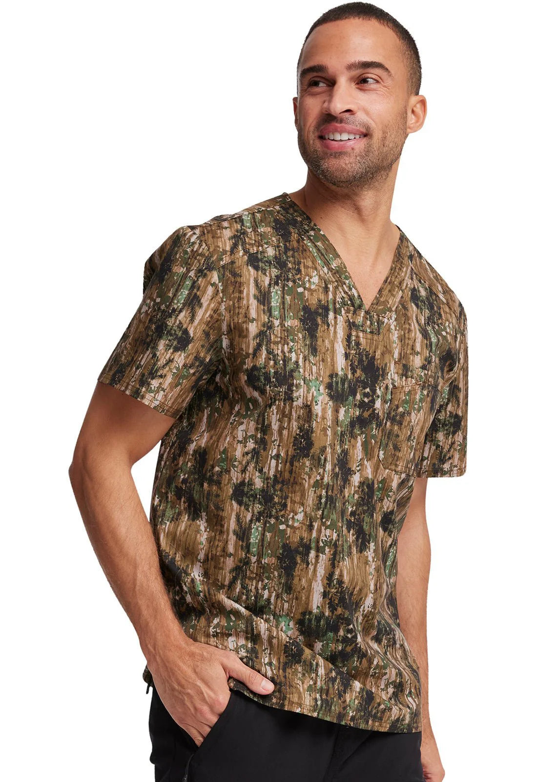 Outdoor Print Cherokee Scrubs Men's V Neck Top