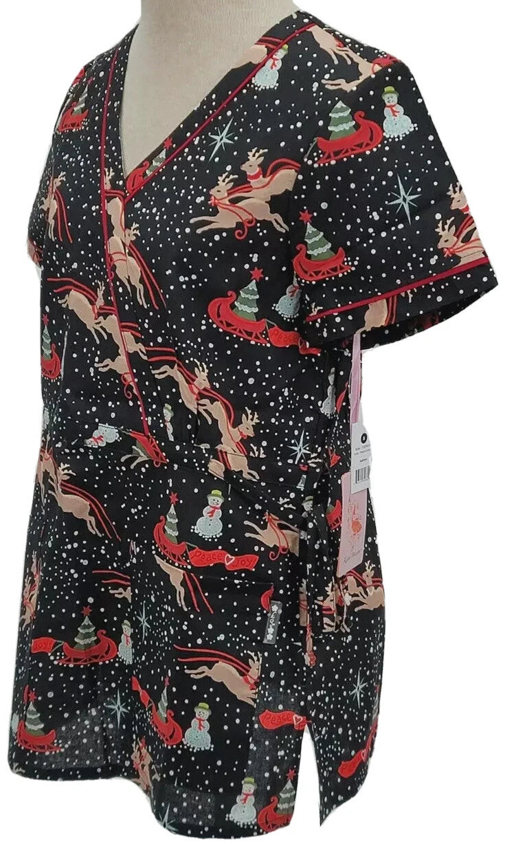 Koi Kathryn Peace Love Joy Women's Christmas Mock Wrap Scrub Top