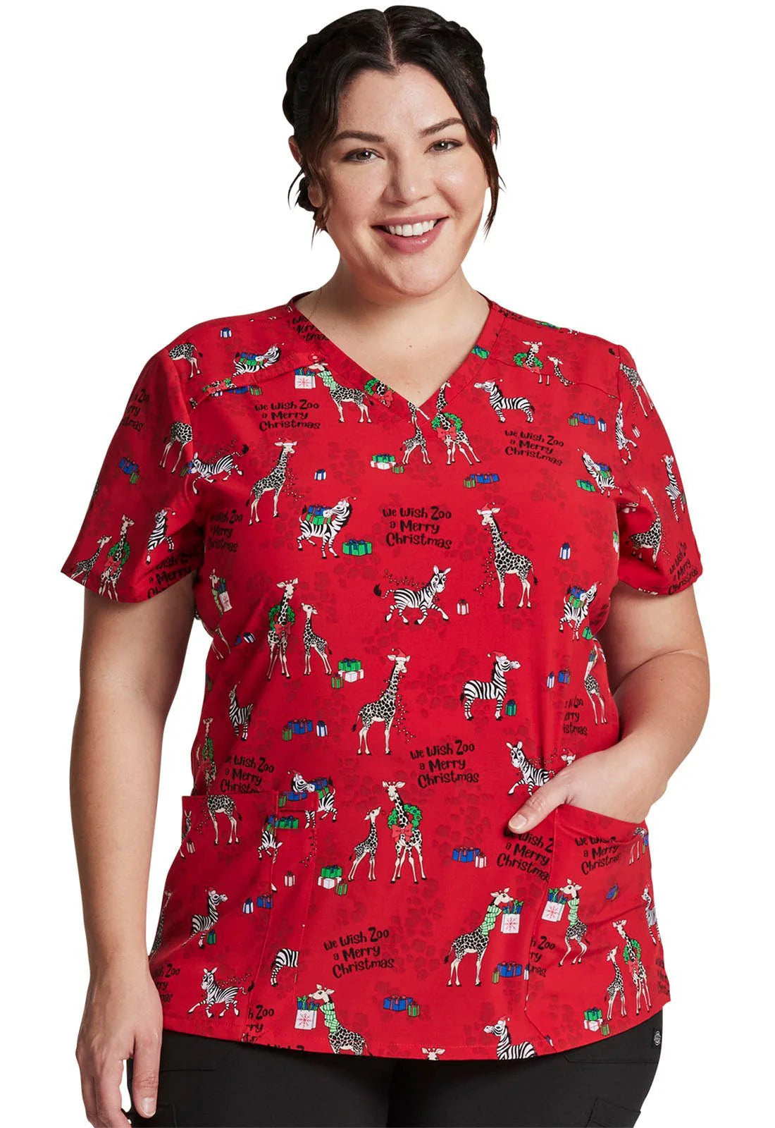 Zoo Christmas Dickies EDS Print V Neck Scrub Top